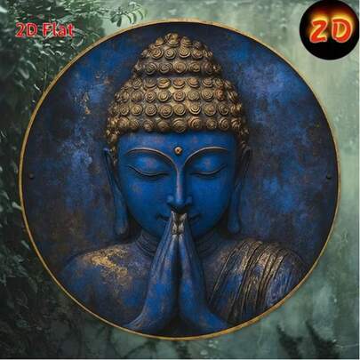 1个复古美式圆形铁皮招牌，8x8英寸，耐用铁皮材质，蓝色佛陀合十礼装饰招牌，普陀趣味装饰招牌，适用于门廊、卧室、家居、车库、农舍、花园、咖啡馆和办公室装饰，室内外均可使用。