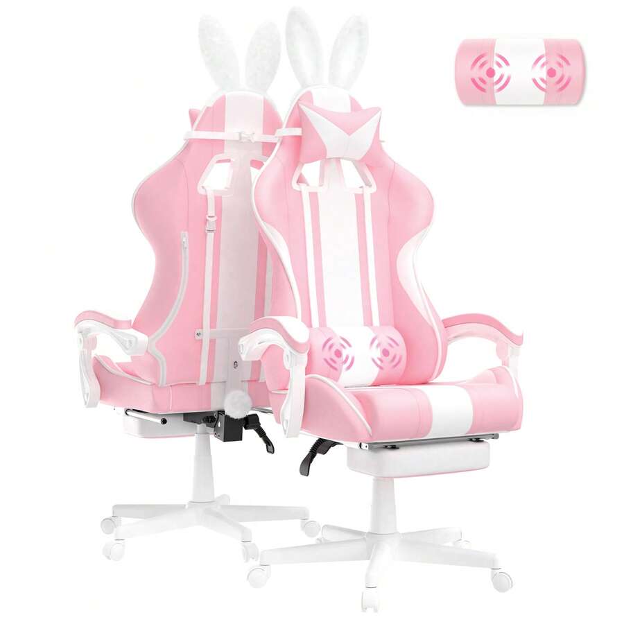 FER-GAMER Pink Gaming Chair With Footrest High Back Ergonomic Office Gamer Chair With Massage And Headrest Lumbar Support Swivel Computer Game Chair Cute Bunny Ears For Adults - Hồng - Xem 1