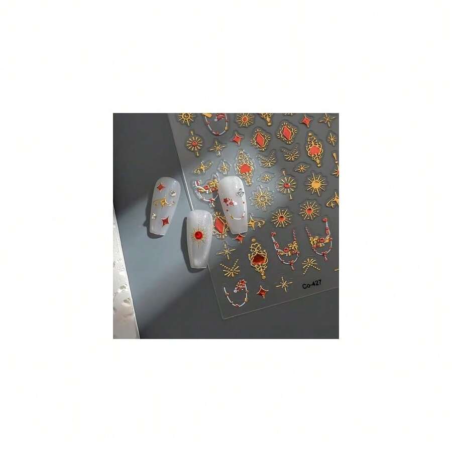Gold Nail Art Stickers Necklace 5D Embossed Nail Stickers Decals Gold Sun Nail Stickers For Nail Art With Star Moon Design Se--Adhesive Acrylic Nails Supplies For Women Manicure Decorations - 樣式16 - 查看 1