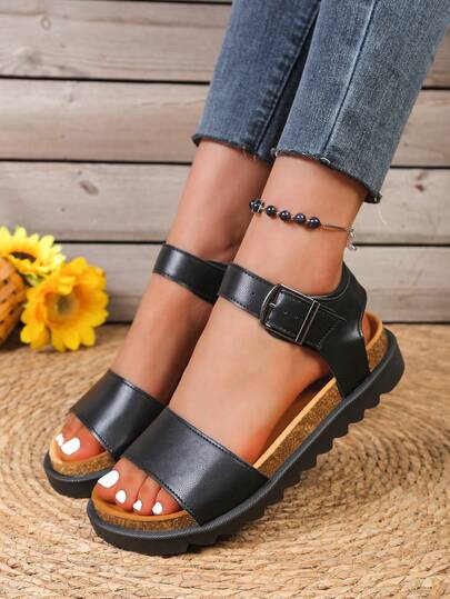 Women's Solid Color Thick Sole Platform Sandals, Casual Buckle Summer Sandals, Comfortable Open Toe Sandals, Women's Roman Flat Sandals, Solid Color Open Toe Criss-Cross Lace-Up Non-Slip Shoes