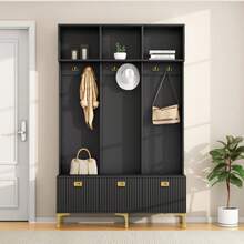 Wardrobe Set With Bench, Multifunctional Storage Bench, Open Storage, 6 Hooks And Gold Legs, Suitable For An Entryway Or Living Room, White, W 120/D 40/H 191.5 Cm - 黑色 - 查看 3