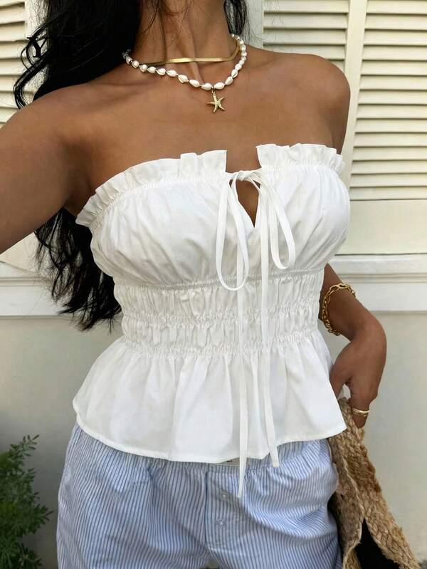 Top sin tirantes para mujer con diseño de volantes fruncidos y cordones, de tela tejida con bajo acampanado, longitud regular, ropa de verano y vacaciones