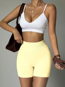 女士无缝弹力提拉塑形瑜伽健身跑步短裤，春夏款 - 黃色 - 查看 3