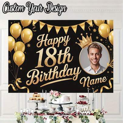 1 cái - Banner trang trí tiệc sinh nhật lần thứ 18 tùy chỉnh - Ảnh và văn bản cá nhân hóa, thiết kế bóng bay và vương miện, phông nền bàn bánh bằng polyester, phông nền Chúc mừng sinh nhật tùy chỉnh với tên và ảnh, áp phích in chủ đề đen và vàng tùy chỉnh, kỷ niệm sinh nhật lần thứ 50 với nền đen bóng và các chi tiết lấp lánh vàng.