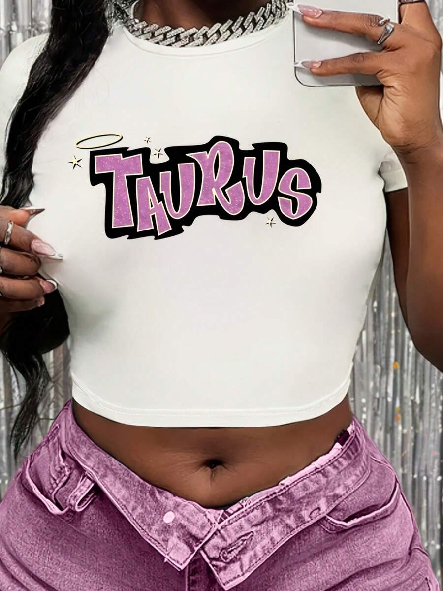 Taurus Printed Pattern T-Shirt, Short Sleeve Short Spring/Summer Women's Casual Crew-Neck Top, Women's Crop Top Tee - Lightweight Casual Essential - 白色 - 查看 1