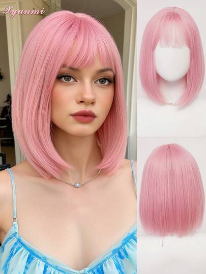 XYUNMI Women's French Bob Wig In Soft Pink Straight Hair 12-Inch Textured Heat-Resistant Synthetic Fiber Natural Matte Finish No Lace Cap Elegant Style Suitable For Daily Wear, Parties, And Role-Playing Occasions