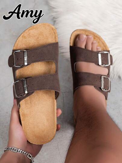 Wide Fit Men's Summer Sandals, Unisex Outdoor Casual Shoes With Metal Double Buckle, Offering Larger Size Options. Fashionable Design With Adjustable Straps For Comfortable Wear. These Stylish Beach Slippers Are Made Of High-Quality Retro Solid Color For Easy Slip-On.