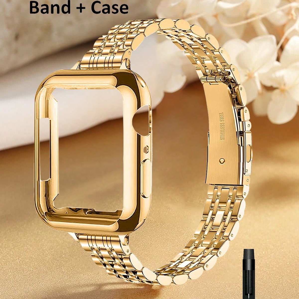 Set de Correa de Reloj de Acero Inoxidable Delgada + Funda Protectora de TPU Compatible con Apple Watch 38/40/41/42/44/45/46/49mm, Adecuado para Acces