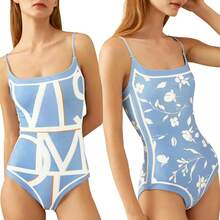 Trajes de Baño Mujer Completo Bañadores Sexy con Control de Barriga Reversibles con Corbata Hombro Estampado Vintage para Playa Surf Nadar - Azul claro - Ver 2