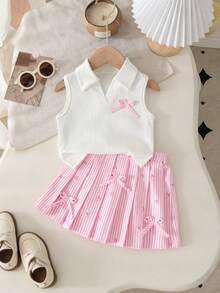 女童两件套：白色V领罗纹针织背心+条纹蝴蝶结印花A字裙，适合日常穿着、户外活动及各种场合，春夏款 - 白色 - 查看 1