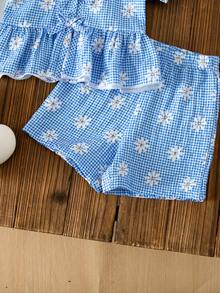 2件套女婴夏季雏菊印花蝴蝶结装饰前开襟泡泡袖上衣+配套可爱短裤套装 - 藍色 - 查看 3