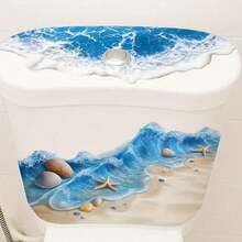 1pc Summer Beach Theme Bathroom Toilet Sticker - Starfish & Pattern Toilet Decal, Self-Adhesive Toilet & Wall Decals - Beach Waves Sticker - View 4