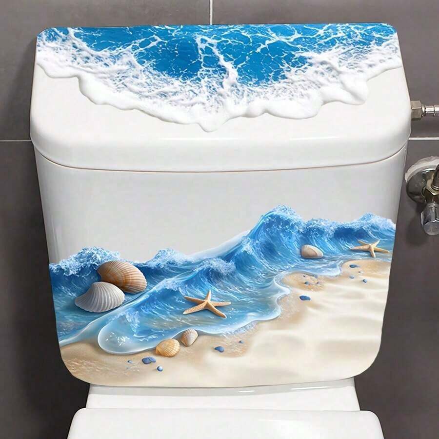 1pc Summer Beach Theme Bathroom Toilet Sticker - Starfish & Pattern Toilet Decal, Self-Adhesive Toilet & Wall Decals - Beach Waves Sticker - View 1