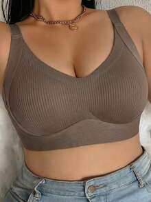 Plus-Size Women's Solid Color Bra - Side Boob Coverage, Soft Comfortable Layering Bra For Daily, Dating & Commute - Coffee Brown - View 4
