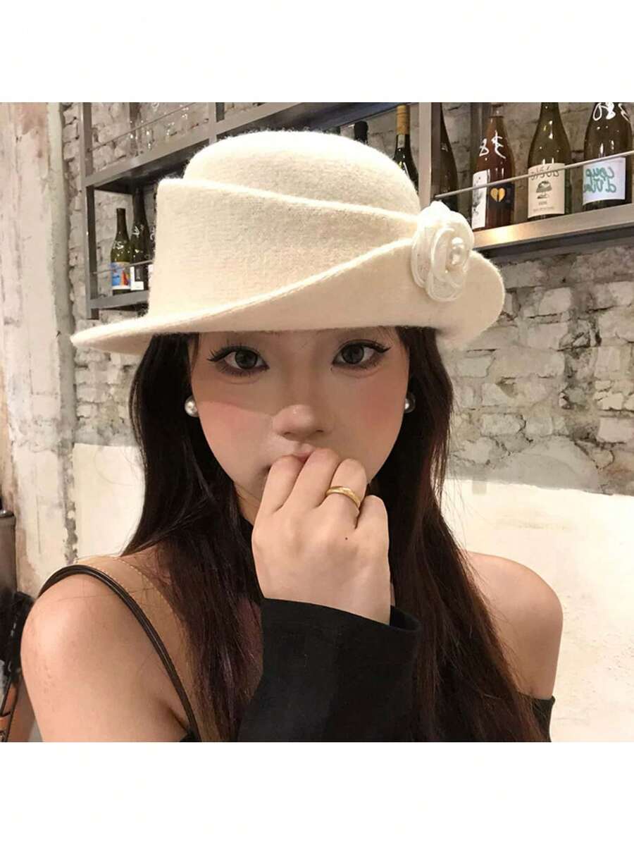 1顶女士毡帽,德比帽,教堂头饰,饰有花朵,优雅女士茶会帽,复古贝雷帽,镶有水钻,时尚柔软毡帽,适合角色扮演、婚礼派对、女士礼物,2024新款 - 彩色 - 查看 1