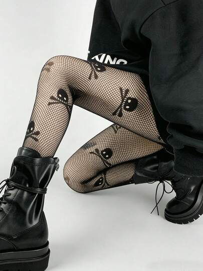 1pc Women's Dark Gothic Black Skeleton Print Leggings, Personalized Hollow Out Stockings Sexy Punk Street Fishnet Tights, Lolita Cool Goth Grunge Y2K Black Pantyhose