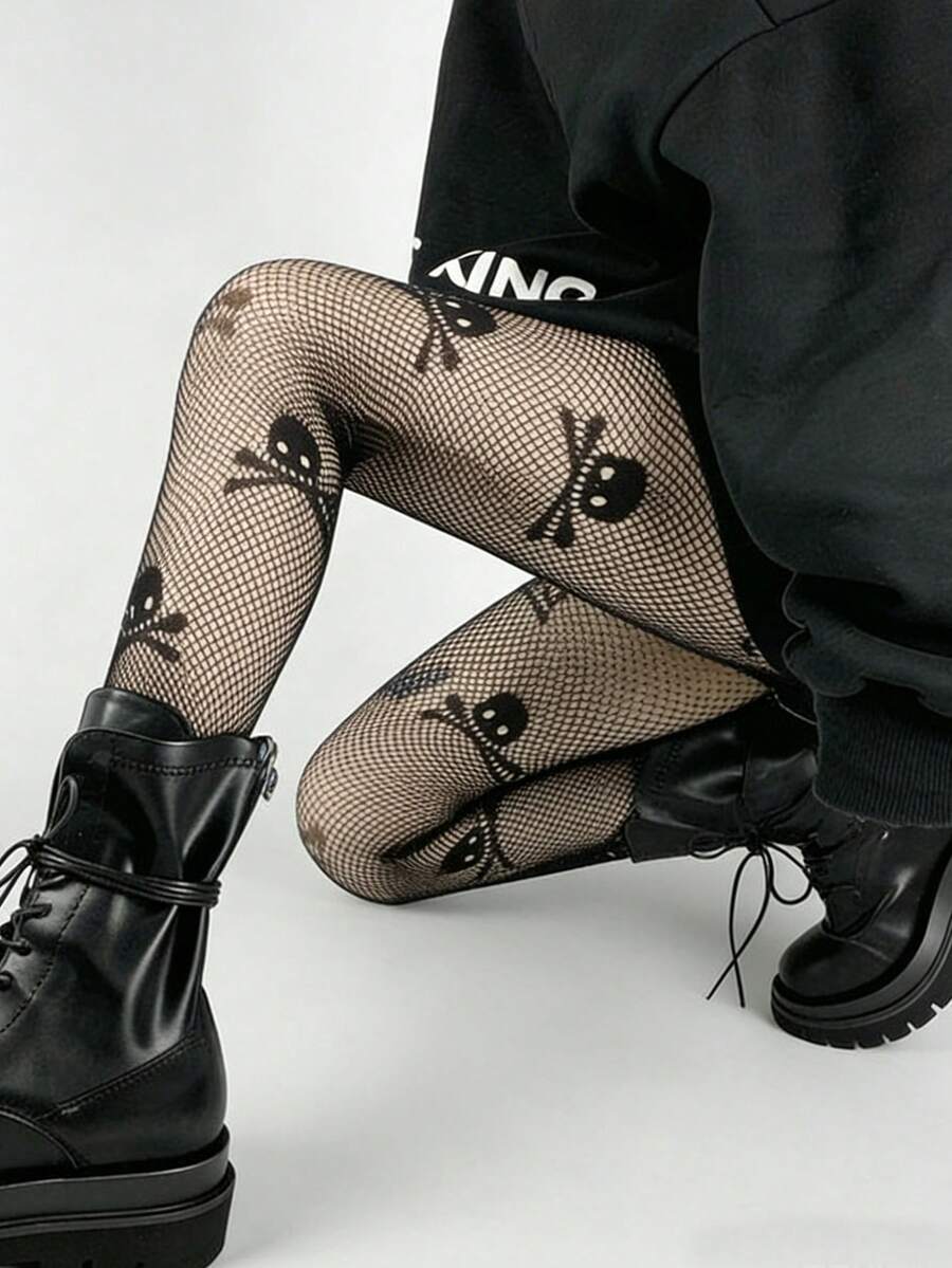 1pc Women's Dark Gothic Black Skeleton Print Leggings, Personalized Hollow Out Stockings Sexy Punk Street Fishnet Tights, Lolita Cool Goth Grunge Y2K Black Pantyhose