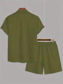 2pcs Men's Summer Fashion Minimalist Textured Shirt And Shorts Set - Army Green - View 3
