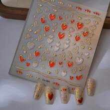 Gold Heart Nail Stickers For Nail Art 5D Embossed Nail Decals Se--Adhesive Nail Art Stickers With Multiple Shapes Gold Red Heart Design Artificial Nail Supplies For Women Manicure Decorations - 風格15 - 查看 5