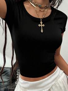 Women's Summer New Casual Slim Fit Round Neck Cropped T-Shirt, Fashionable Everyday Top, Suitable For Daily And Vacation Wear. Women's T-Shirt Top. - Black - View 1