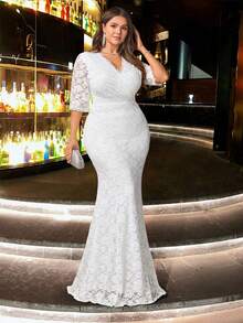 CHOSMO 大码女士蕾丝短袖连衣裙，适合婚礼、派对、生日、周年纪念、毕业典礼、音乐节、节日鸡尾酒会、正式晚宴、拍照、舞会、旅行、舞台表演和音乐会、情人节等场合，春季白色 - 白色 - 查看 9