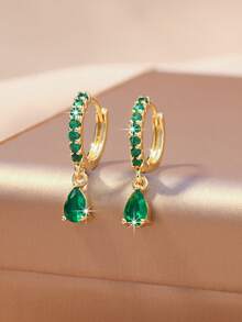 Pendientes de aro con piedra preciosa en forma de lágrima multicolor - Pendientes colgantes de tono dorado, adecuados para uso diario/fiesta - gotas de agua - Ver 6