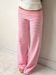 Fold Over Yoga Pants For Women Y2K Striped Low Rise Wide Leg Leggings Sweatpants Cozy Stretchy Foldover Lounge Pants Going Out Clothes - Hồng - Xem 4