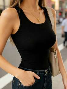 女士黑色棉质弹力吊带背心 - 修身无袖打底衫，休闲日常穿着，春夏新款 - 黑色 - 查看 3