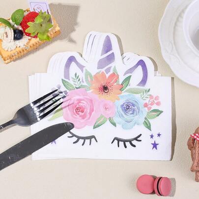 20pcs/40pcs/60pcs Watercolor Floral Unicorn Shaped Disposable Napkins - "Oh Yeah!" Design With Lashes And Stars, Suitable For Girls Birthday, Unicorn Party And Baby Shower, Soft Rainbow Colored Unicorn Disposable Napkins With Magical Glitter Unicorn Napkins, Girls Birthday Party Decorations