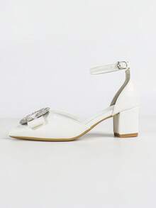 女士白色尖头水钻搭扣粗跟优雅高跟鞋 - 白色 - 查看 5