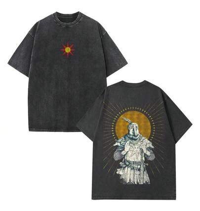"PRAISE THE SUN" DARK SOULS Camiseta de manga corta lavada para hombre, camiseta unisex, regalo para gamers, ropa masculina, camiseta con gráfico de juego, tela de algodón vintage tropical sin costuras.