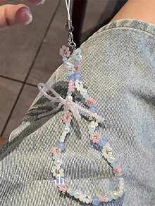 1条手工制作的粉蓝色蝴蝶结串珠手机挂绳，可爱女孩相机挂饰，甜美手机腕带，蝴蝶结串珠手链挂饰，相机配件，包包挂饰，兼容安卓及大多数智能手机，送给母亲、家人、朋友、孩子、生日、节日的礼物 - 藍色 - 查看 2