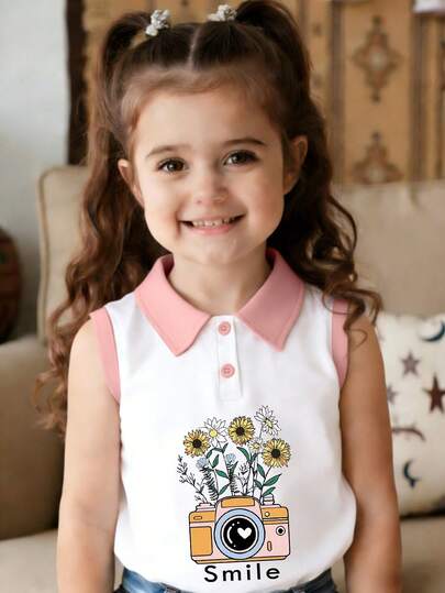 Casual Cute Sunflower & Camera Print Polo Collar Tank Top For Young Girls, Colorful, Spring/Summer New Arrival