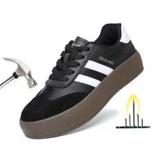 女士安全鞋，系带新款安全鞋，超柔软皮革鞋面，钢制鞋头，防砸防刺工作鞋，轻便透气工业建筑防护鞋，女士劳动防护鞋，适合春、夏、秋、冬四季穿着 - 黑色 - 查看 2