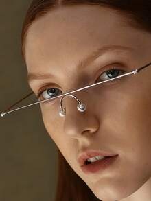 1pc Silver High-IQ Artistic Pearl Crystal Metal Eyeglass Frame, Fashionable Elegant Frameless Accessory For Street Style, Music Festivals