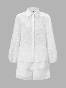 Bộ đồ nữ Vusalt mùa xuân tối giản, phong cách công sở, chất liệu jacquard, mỏng nhẹ, tay dài, cổ bẻ, cài nút, phối cùng chân váy ngắn xếp ly, thích hợp cho ngày Valentine, kỳ nghỉ biển, dã ngoại, các dịp thường ngày. Áo sơ mi trắng phù hợp cho đi làm hàng ngày, công sở, đi học. - trắng - Xem 9