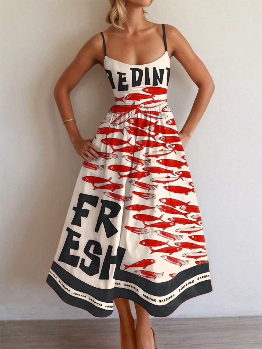 Đầm không tay phong cách Bohemian dành cho nữ, kiểu dáng thường ngày thanh lịch, phối màu tương phản, in chữ tiếng Anh và hình cá, thích hợp cho kỳ nghỉ xuân/hè.