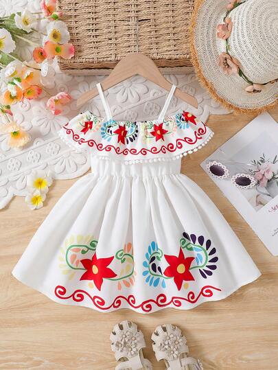 New Style Baby Girls' Sleeveless Scoop Neck Floral Print Cute Ruffle Hem Casual Dress, Suitable For Party, Leisure And Daily Wear