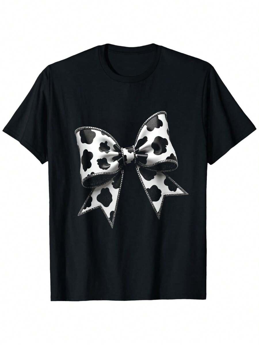 Women T-Shirt 0XL-5XL Pure T-Shirt And WoWomen's Black Cow Printed Bow Pattern T-Shirt-Soft Elastic Round Neck Short Sleeve Casual Street Style Jacket Cow Pattern Versatile Clothing Interesting Design Comfortable - Đen 2 - Xem 1