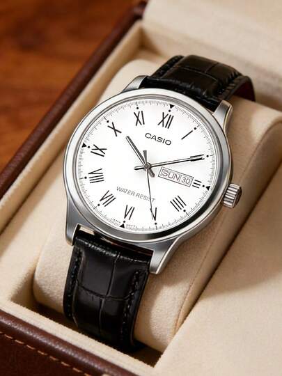  Men's Quartz Watch, Genuine Leather Strap, White Roman Numeral Dial, Date Display, Three-Hand Analog Wrist Watch, Suitable For Daily, Casual And Other Occasions MTP-V006L-7B