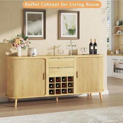 Gabinete buffet de 58 pulgadas con almacenamiento, gabinete estriado para bar de vino con cajones y estantes ajustables, aparador buffet moderno de mediados de siglo con 12 estantes de vino & cocina | cocina accesorios | accesorios para cocina