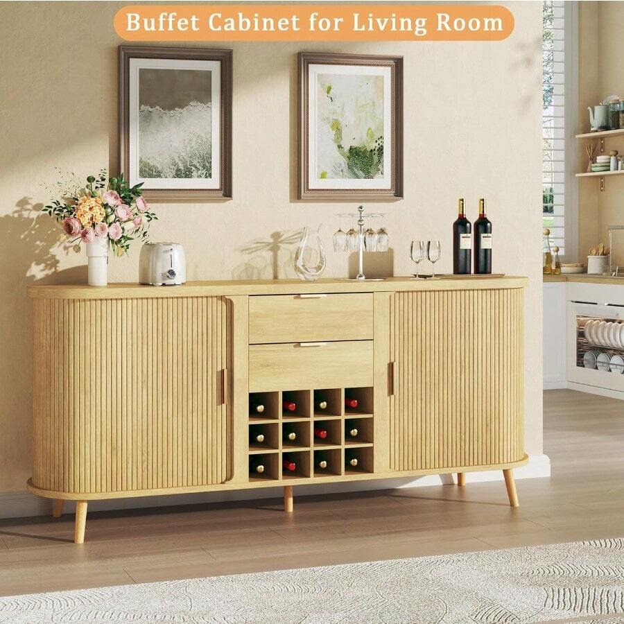 Gabinete buffet de 58 pulgadas con almacenamiento, gabinete estriado para bar de vino con cajones y estantes ajustables, aparador buffet moderno de mediados de siglo con 12 estantes de vino & cocina | cocina accesorios | accesorios para cocina - por defecto - Ver 1