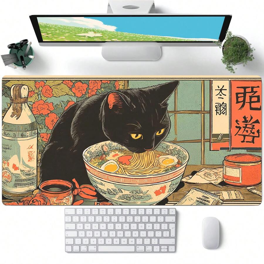 1件装黑猫爱拉面店卡通艺术大号游戏鼠标垫，光滑键盘垫，带缝边桌面垫，防滑橡胶底座鼠标垫，电脑配件，适用于办公室和家庭 - 彩色 - 查看 1