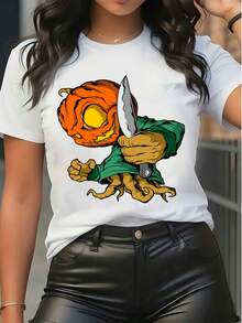 Camiseta feminina de Halloween com estampa de cabeça de abóbora e monstro, manga curta, gola redonda, modelagem solta, ideal para festas e uso diário. - Branco - Ver 1