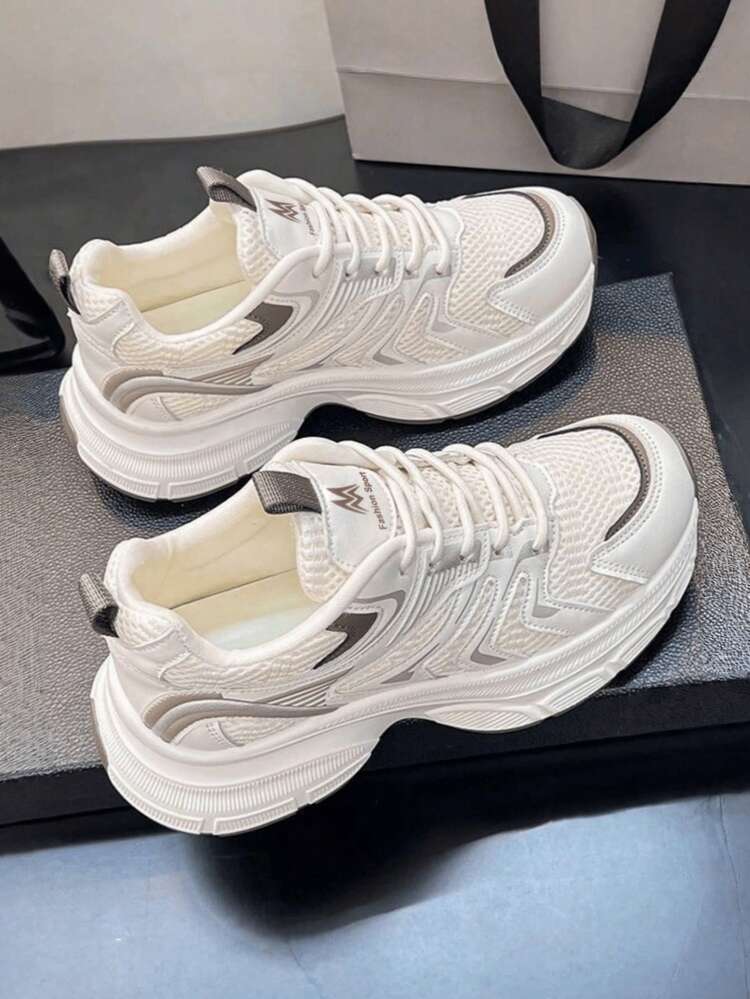 Zapatillas deportivas de mujer con malla, cordones, transpirables, ligeras, con plataforma, de estilo casual y fashionable, de unicolor, de poliéster, para uso en exteriores, para primavera/otoño - Caqui - Añade 2