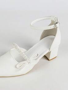 Women's White Pointed Toe Bow Pearl Strap Chunky Heel High Heels - أبيض - مشاهدة 7