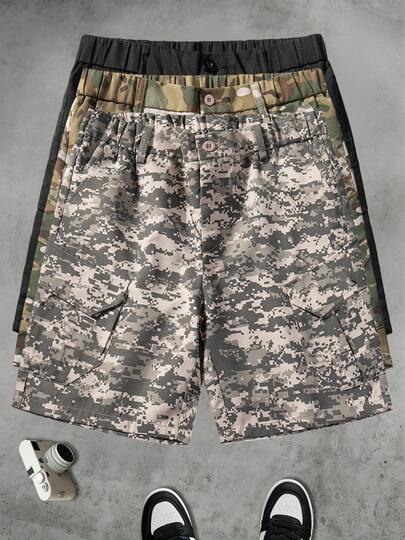 Men's Digital Camouflage Multi-Pocket Cargo Shorts, Casual Streetwear For Daily And Outdoor Wear