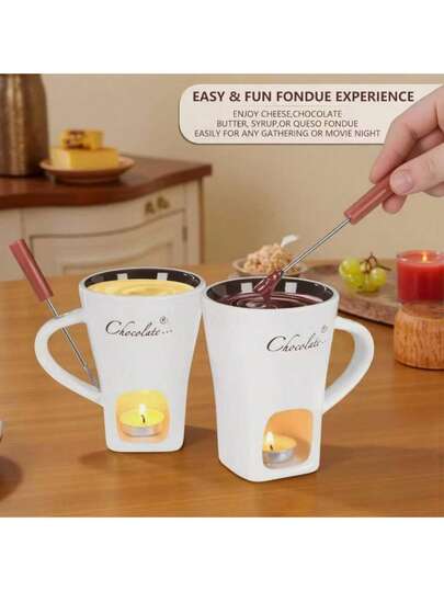 A Set Including A Chocolate Melting Pot, A Chocolate Slow Cooker, And A Cheese Warming Device, Complete With A Fork – White Heat-Resistant Melting Cup Perfect For Dipping Into Cheese And Chocolate, A Portable Dipping Sauce Kit, Ideal For Parties, Dates, And Weddings. Also An Excellent Gift For Chocolate And Dessert Enthusiasts. Modern Kitchen Utensils, Elegant Plates And Bowls, And Butter Warming Devices Are Essential For Home Cooking.
