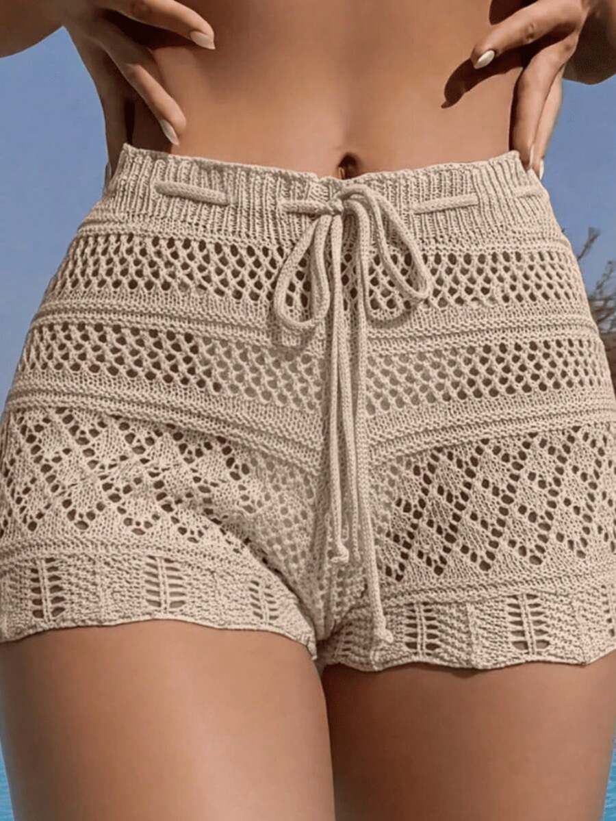Women's Beach Cover-Up Shorts, Knit, High Waist, Drawstring, Crossover Style, Summer Fashion - Cát - Xem 1