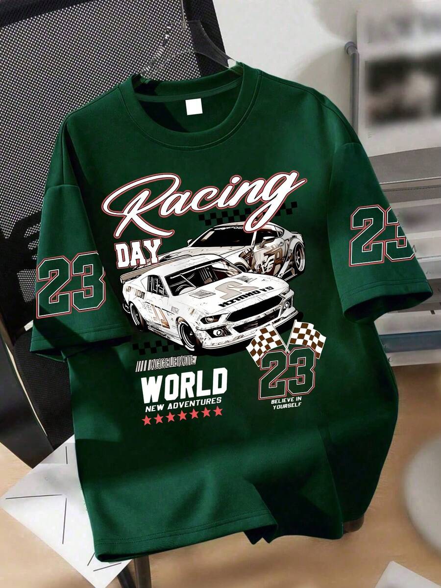 1pc Boys' Street Racing Car Graphic Short Sleeve T-Shirt With Numeric Decor, Soft Fabric, Casual Wear For Spring/Summer - Dark Green - View 1